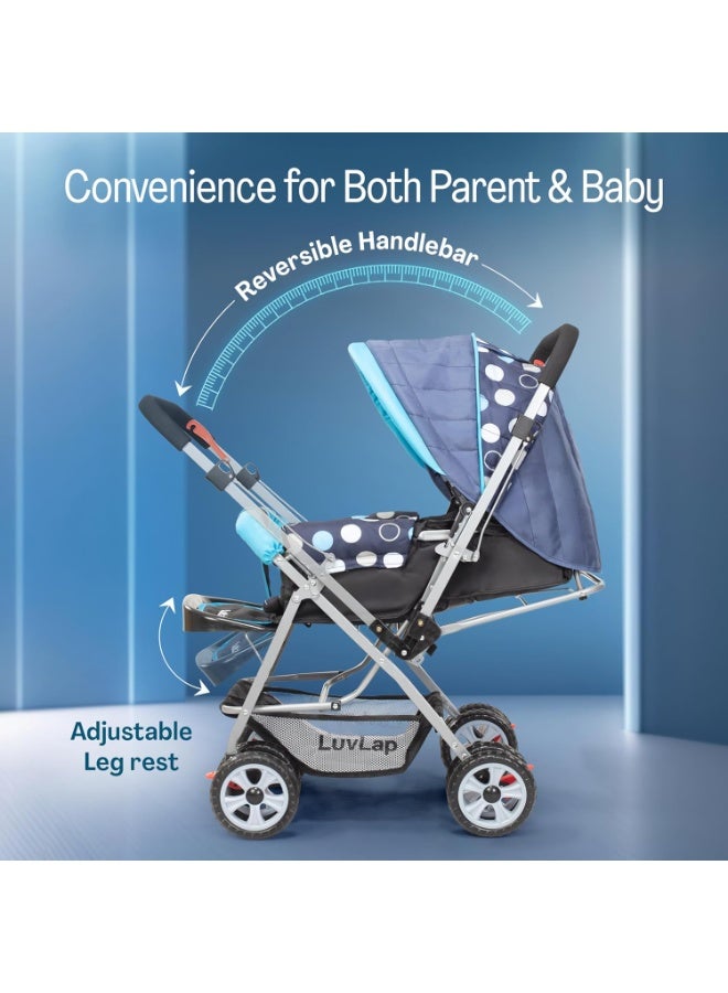 LuvLap Sunshine Baby Stroller/Pram for 0 to 3 Years, New Born/Toddler/Kid, 5 Point Safety Harness, Adjustable backrest, 360° Swivel Wheel, Large Storage Basket, Reversible Handlebar (Blue) - Image 3